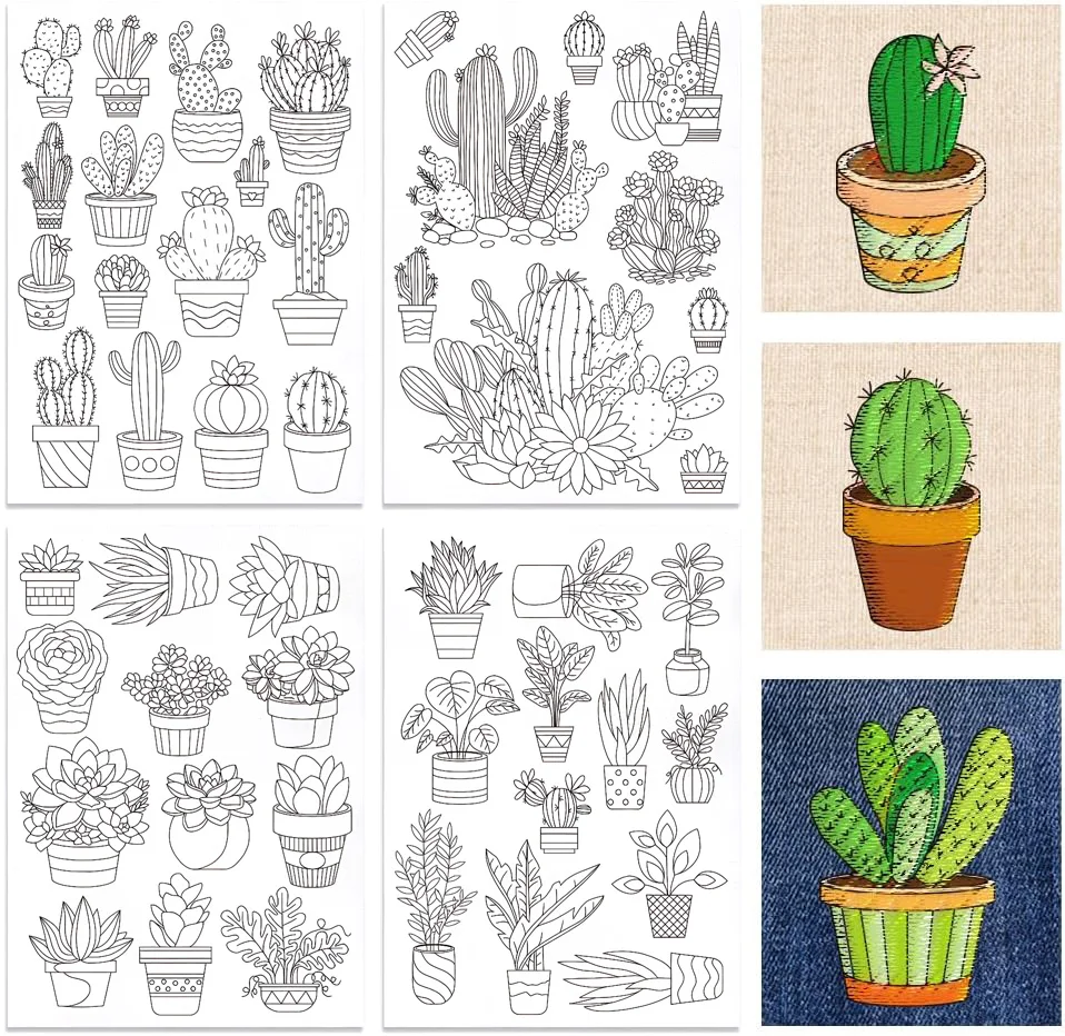 Cactus Embroidery Self-Adhesive Kit, Water-Soluble Stabilizer Embroidery Pattern Paper, Washable Stick Stitch Flower Paper