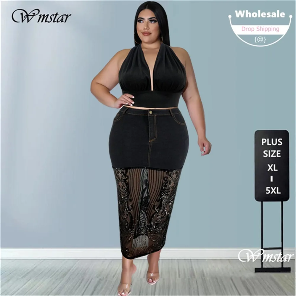 

Wmstar Plus Size Only Skirts Women's Clothing Denim Maxi with Mesh Patchwork Sexy Medium Stretch Skirt Wholesale Dropshipping