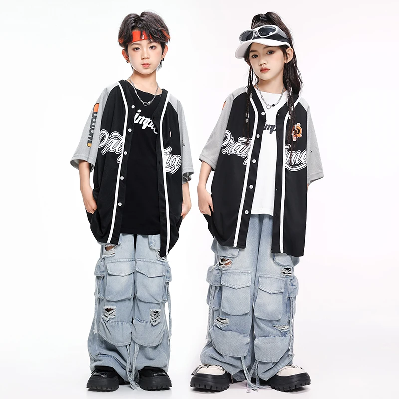 ヒップホップ男の子野球デニムシャツ破れたジーンズ女の子ストリートカーゴパンツ子供ストリートダンス服子供ステージ衣装