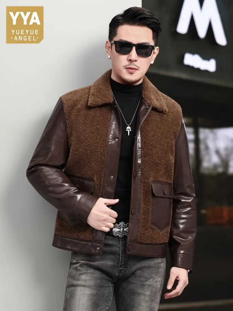 Men Genuine Cowhide Spliced Wool Cashmere Jacket Turndown Collar Short Leather Coat Single Breasted Winter Thick Warm Jackets