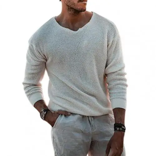 2022 Spring Men Sweater Fashion Solid Color V Neck Long Sleeve Knitted Pullover Sweater Soft Slim Casual Sweater