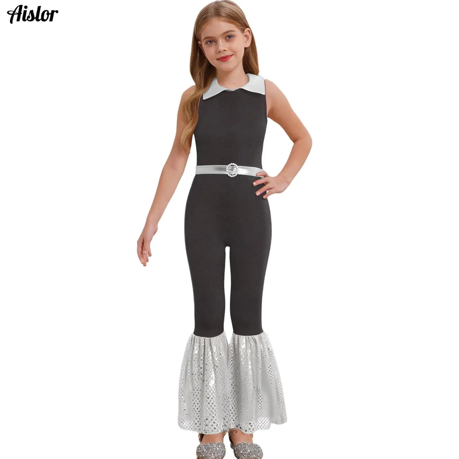 

Kids Girls Jazz Disco Dance Jumpsuit Metallic Mini Dots Sequins Sleeveless Bell-Bottomed Rompers Theme Party Performance Costume