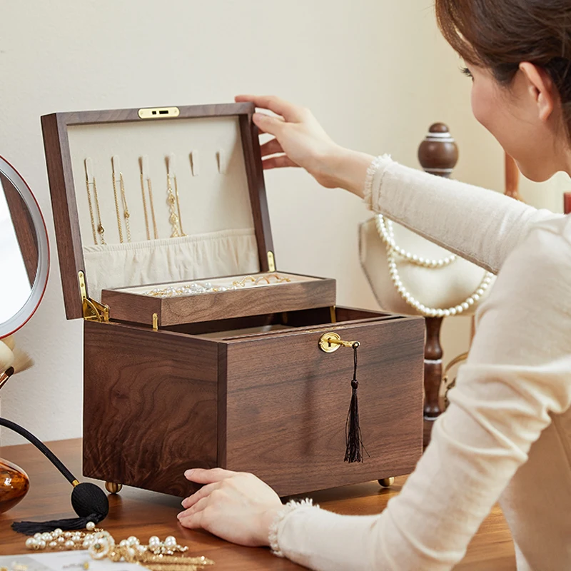 صندوق مجوهرات صيني من الخشب الصلب من خشب الجوز الأسود مع قفل أغطية الرأس الرجعية إكسسوارات الشعر صندوق تخزين مجوهرات دبوس الشعر الخشبي العتيق #4