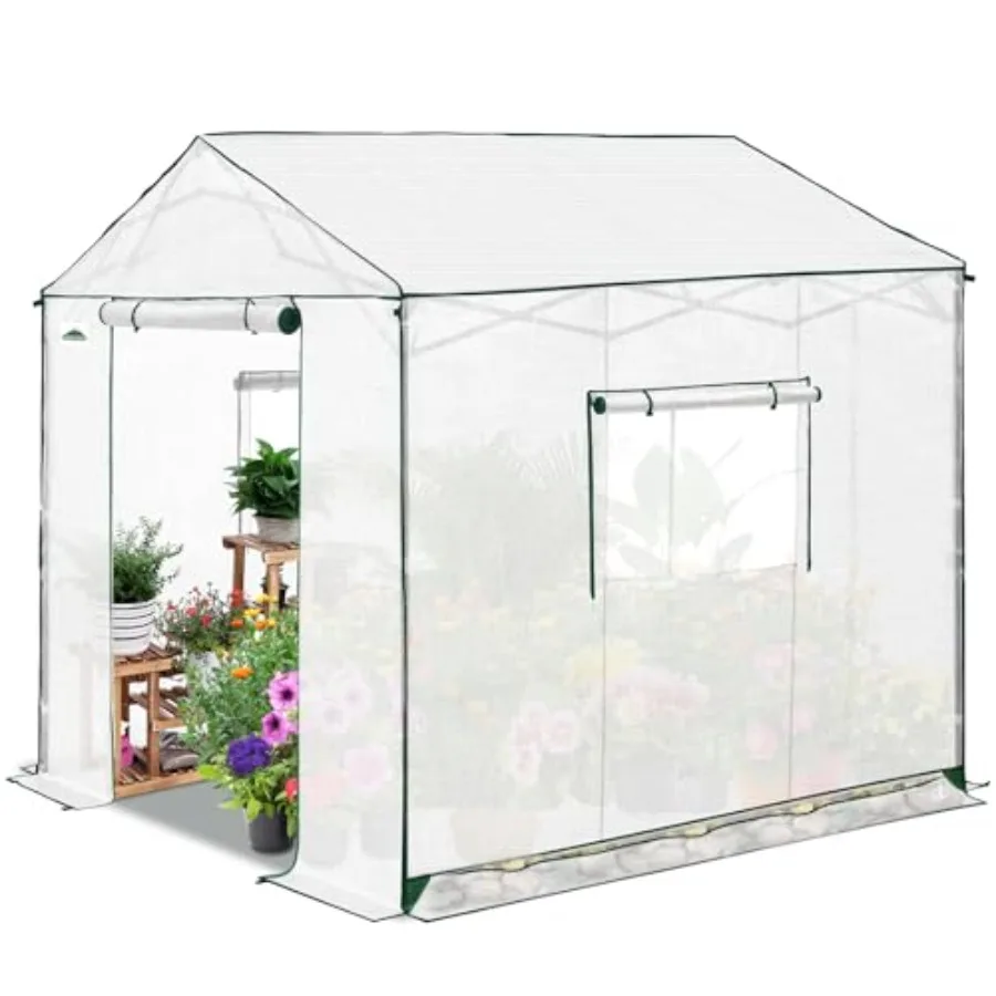 8x8 Portable Pop Up Greenhouse for outdoor gardening, white polyethylene fabric, gable roof design with center lock for easy on