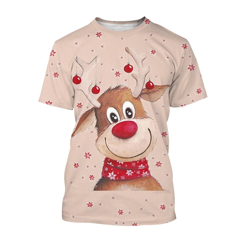 

Cartoon Christmas Elk Print Men's T Shirt Fashion New Year X'mas Clothing Casual O-neck Short Sleeve Loose Tops Street Pullover