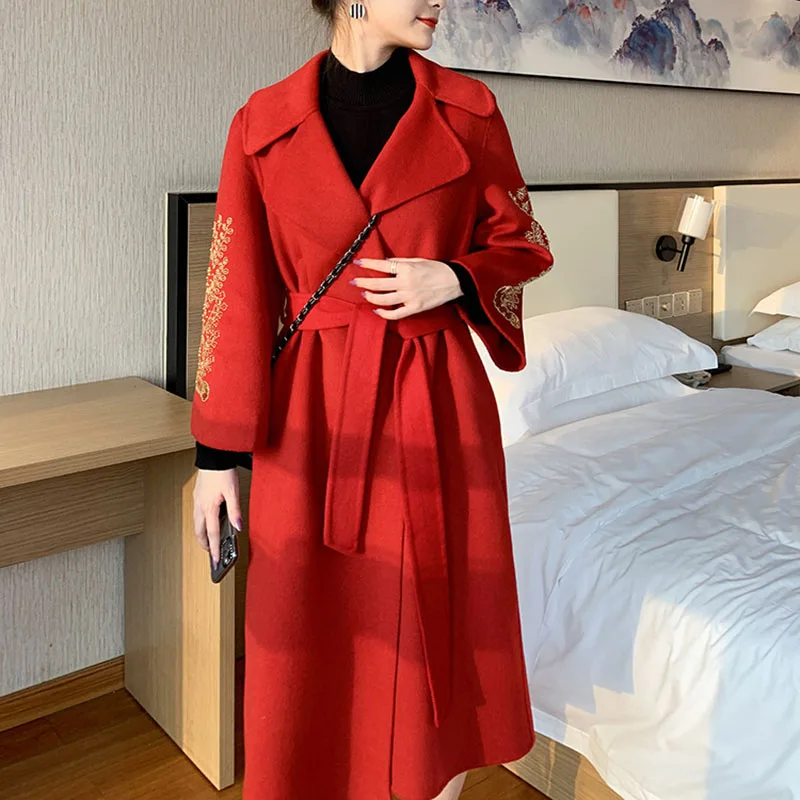 Double-sided Cashmere Coat Female 2023 Autumn Winter New Embroidery Lacing Highend Wool Coat Fashion Elegant Luxury Women Jacket