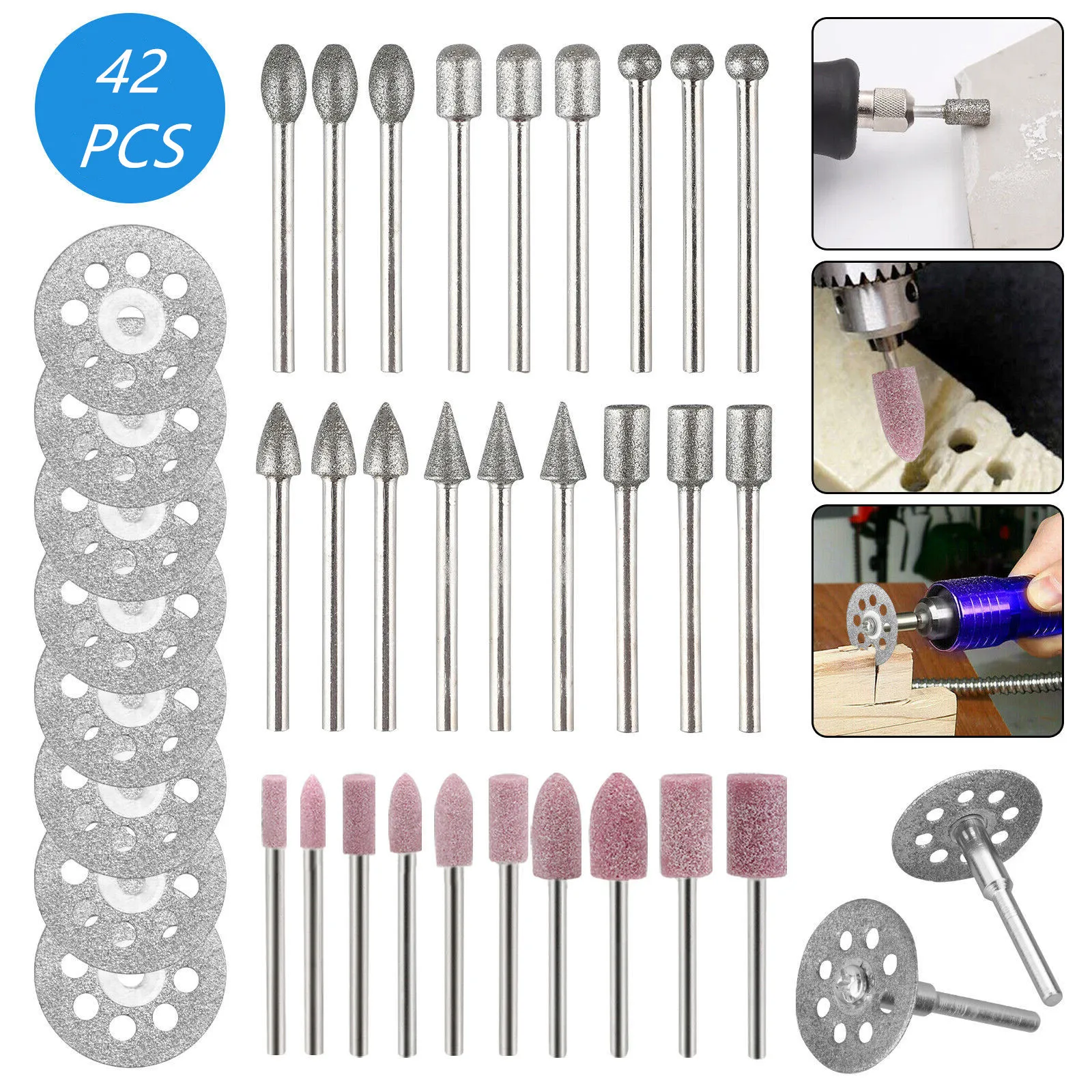42Pcs Rotary Tool Diamond Burr Set Grinding Cutting Wheels Abrasive Mounted Stone Kit for Wood Metal Glass Stone