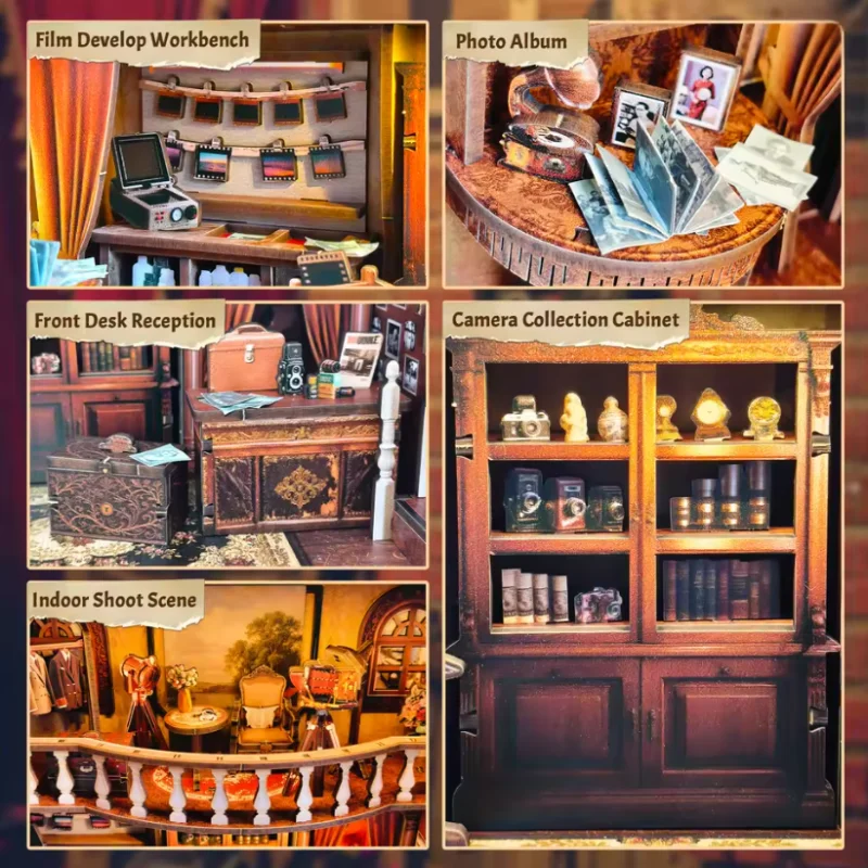OUZEY Vintage Photo Studio DIY Miniature House - Nostalgic Wooden Model Building Kit for Teens & Adults