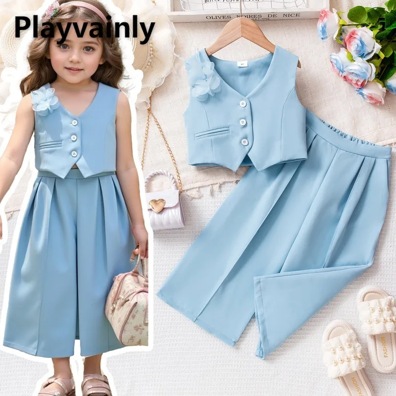 

Новинка 2026: Летний модный костюм для девочек, сине-фиолетовый, с цветочным принтом, однобортный жилет без рукавов + широкие брюки, детская нарядная одежда X0302