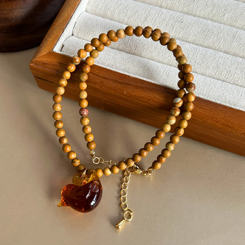 

Wooden Bead Glass Bird Necklace Retro Lazy vibe girls summer Stackable neck chain accessory