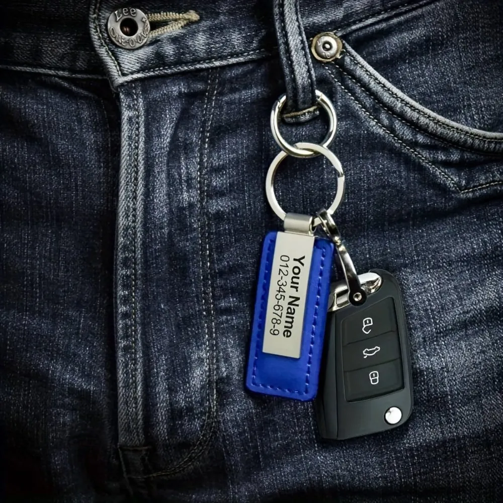 Personalisierter PU-Leder Schlüsselanhänger mit Edelstahl-ID-Tag - Anpassbarer Schlüsselanhänger mit Namen und Telefonnummer als Geschenk für Männer – Detail 6
