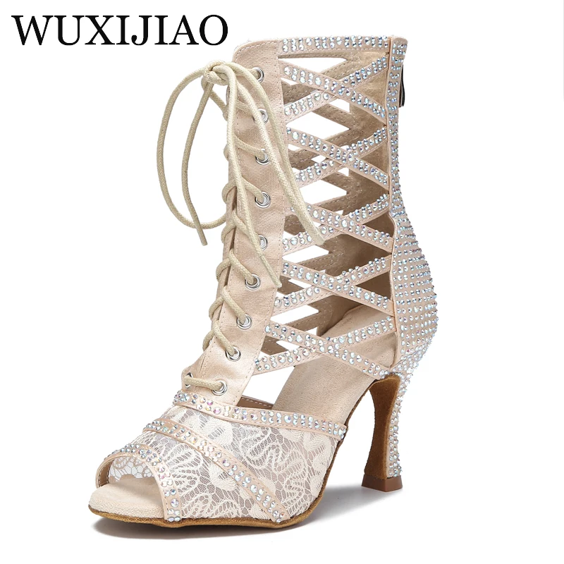 WUXIJIAO Ladies Red Latin Dance Shoes Black Breathable Mesh Ballroom Boots Tango High Heel Party Skin Tone Dance Shoes