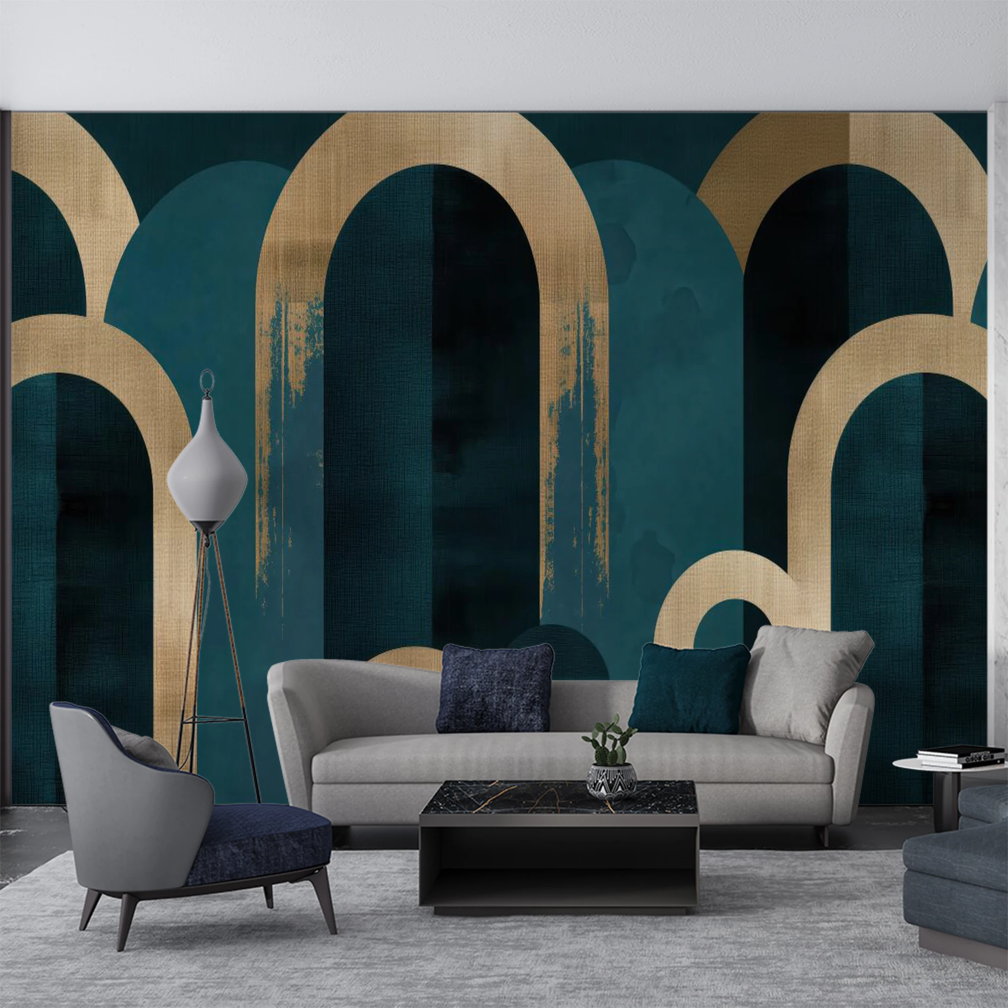 Custom Wall Mural Dark Teal Golden Arch Geometric Wallpaper Modern Luxury Wall Art For Home Living Room Bedroom Decor