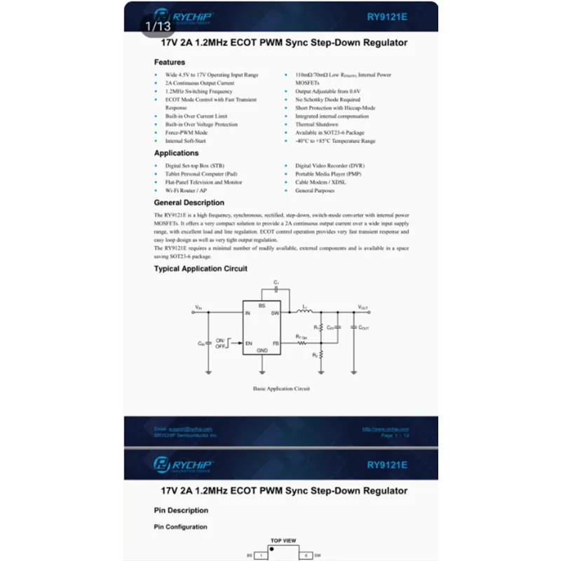 AMSS 10PCS RY9121E replaces RY8121 core source 4.5-17V 1.2MHZ 2A SOT23-6 synchronous voltage reduction and stabilization