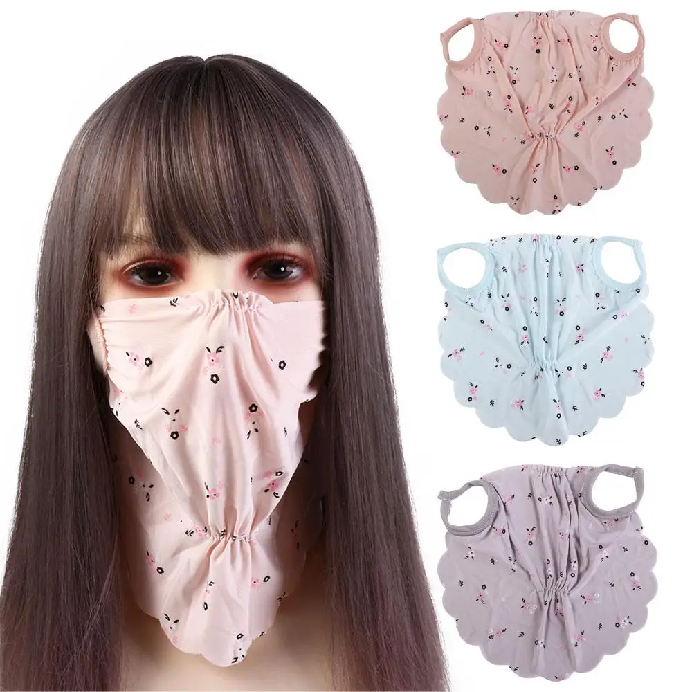Thin UV Protection Ice Silk Mask Sunscreen Veil Flower Pattern Face Cover Face Mask Face Scarves Face Gini Mask Women/Girls