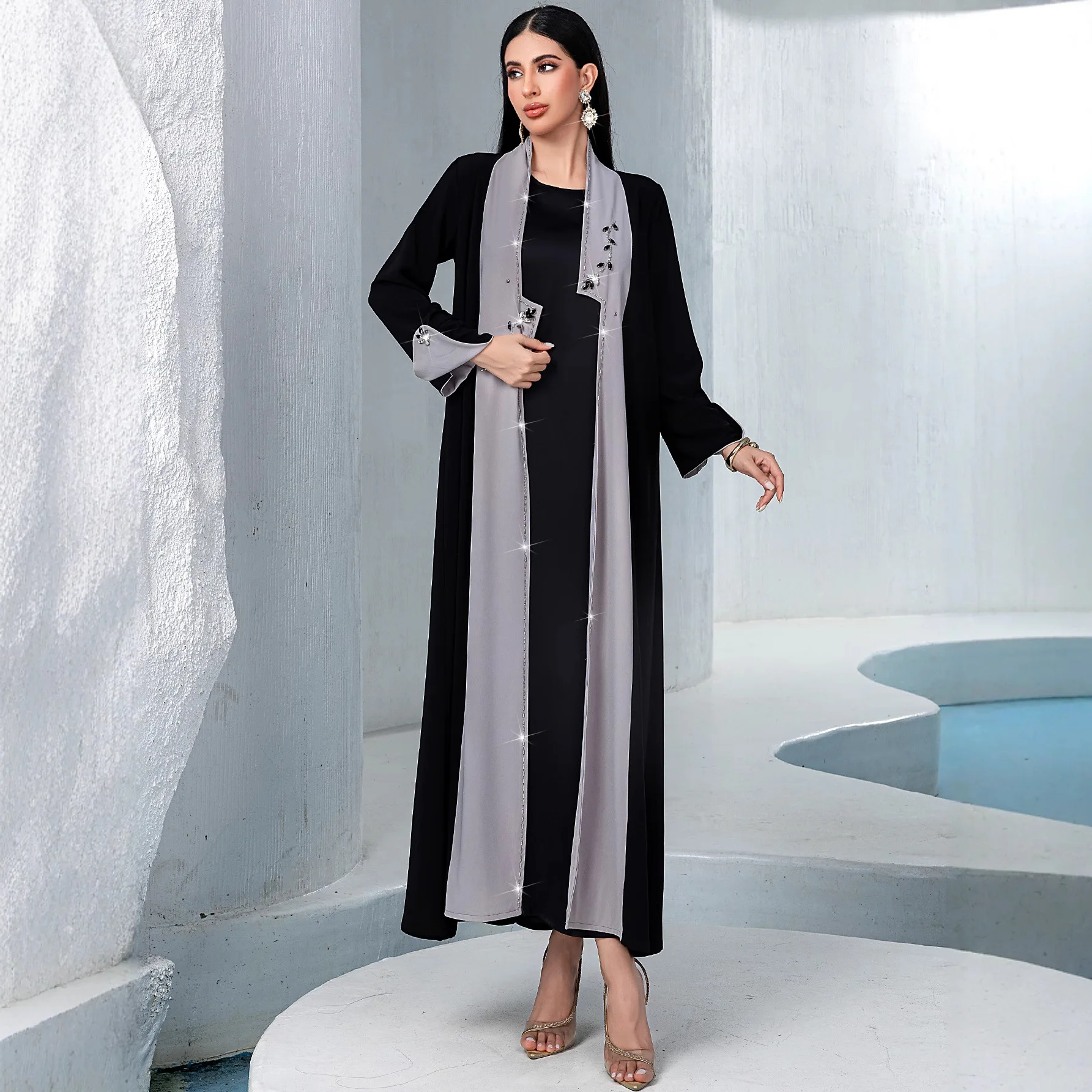 Open Voorzijde Abaya Diamanten Moslim Lange Mouw Arabische Abaya Midden-Oosten Turkije Kaftans Vrouwen Jalabiya Islamitische Maxi Jurk Turkije