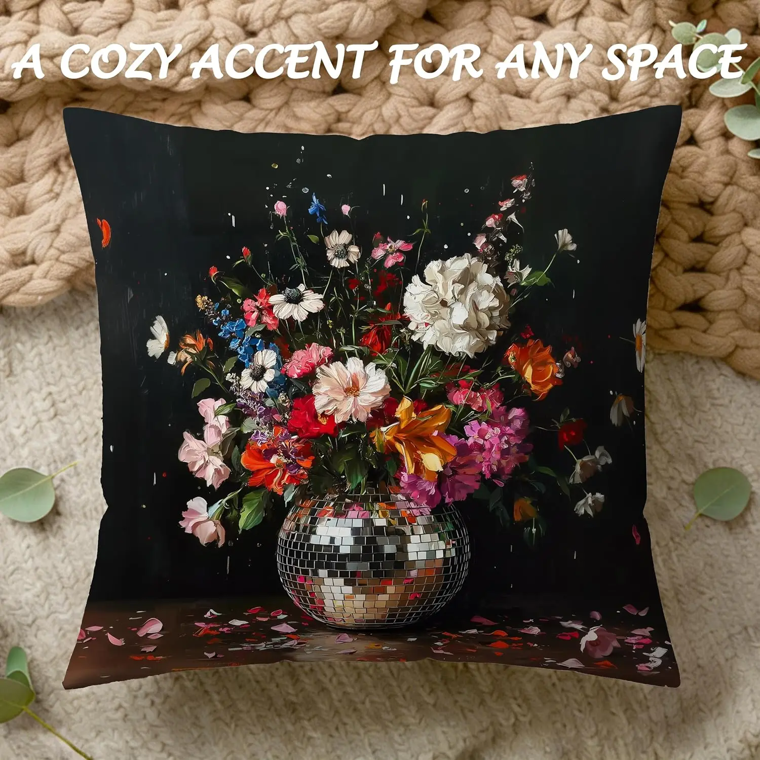 Maximalist Floral Bouquet Throw Pillow Cover Polyester Cushion Decor for Living Room Bedroom Art Accent Glam Mosaic Disco Style