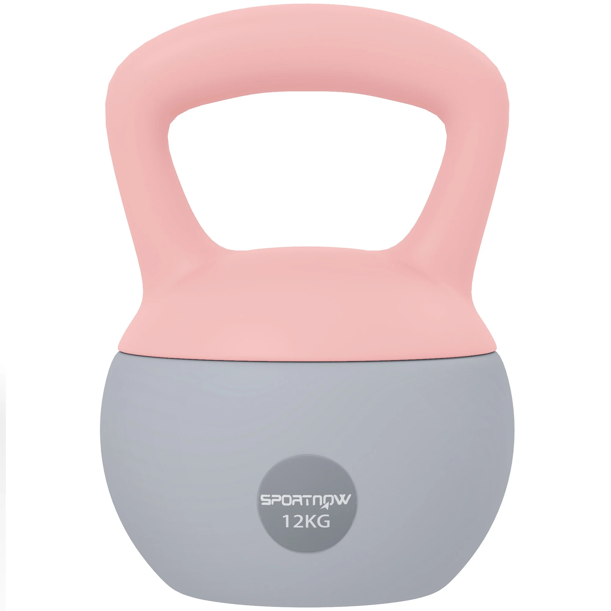 Sportnow Kettlebell 12 kg, zachte kettlebell gevuld met metaalsand en antisliphandvat, voor bodybuilding training thuis, in de sportschool, lichtroze en grijs