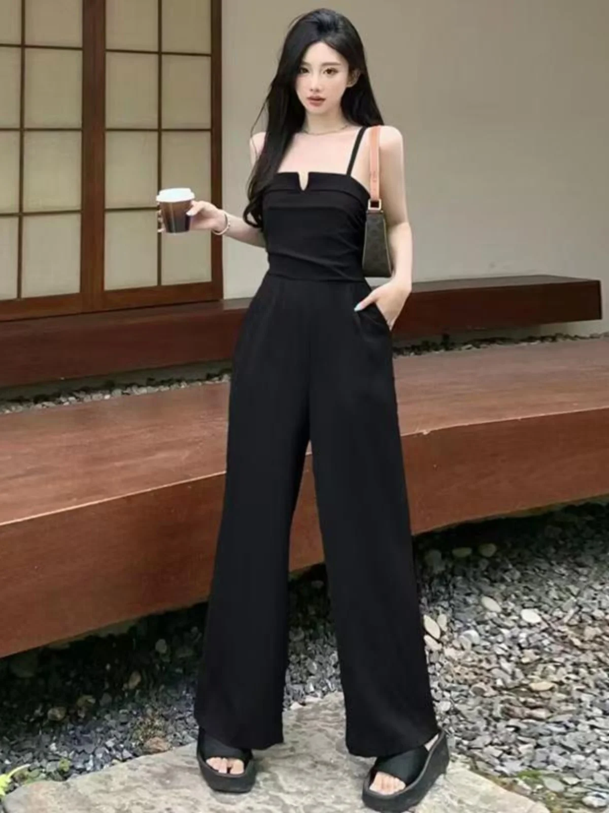 

Faionable High Waist Draped Svel One-Piece Pants Women's Summer 2024 New Sle Slimming Wide Leg Strap Pants