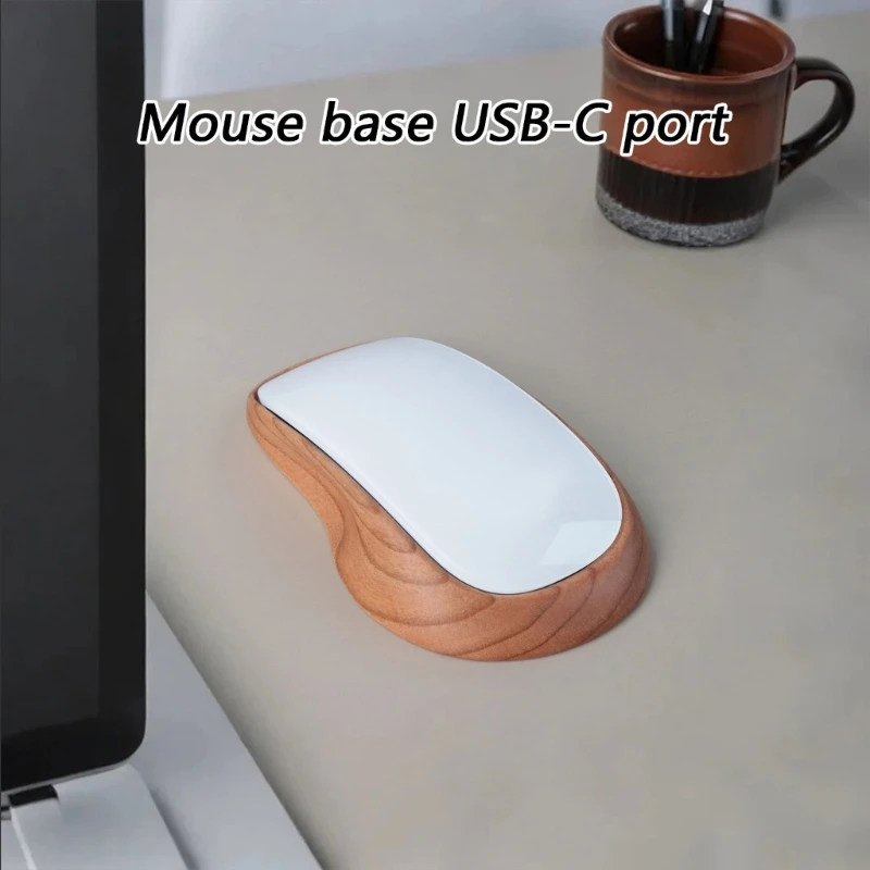 Modern Wooden Mouse Dock For Magic Mouse USB C Charging Port With Stable NonSlip Base & Organic Style
