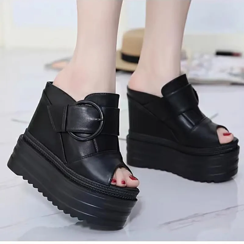 

XMWRLW Leather Women Summer Slippers Platform Shoes Rubber Sole Female High Heels Non Slip Women Summer Slippers Platform Shoes
