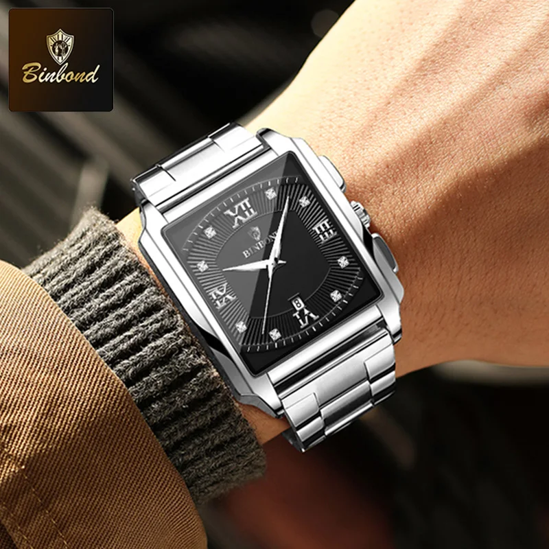 BINBOND 남성용 비즈니스 쿼츠 시계, 하이 퀄리티 방수 스포츠 캐주얼 자동 날짜, 럭셔리 스퀘어 맨 워치, 핫 뉴 패션