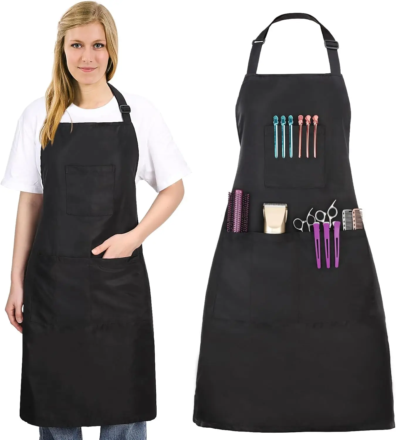 

Hair Stylist Apron with 4 Pockets, Hair Resistant Long Salon Apron Adjustable Strap