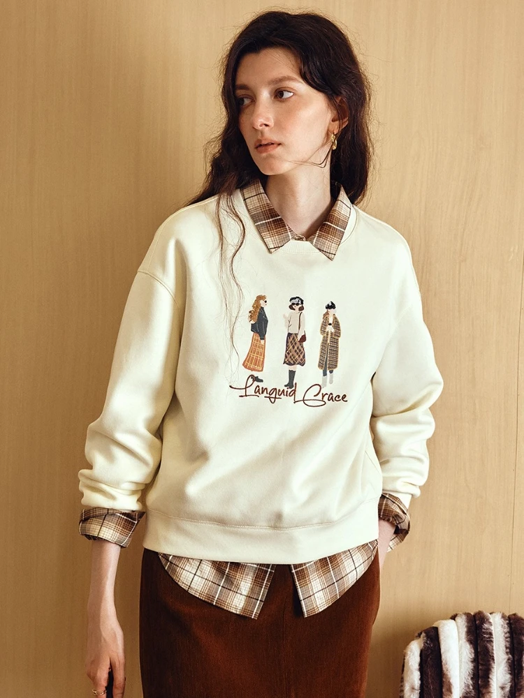 OLrain Women's Sweatshirts 2025 Autumn New Collection Casual O-neck Loose Pullovers Embroidery Long Sleeve Knit Tops O57QR001065