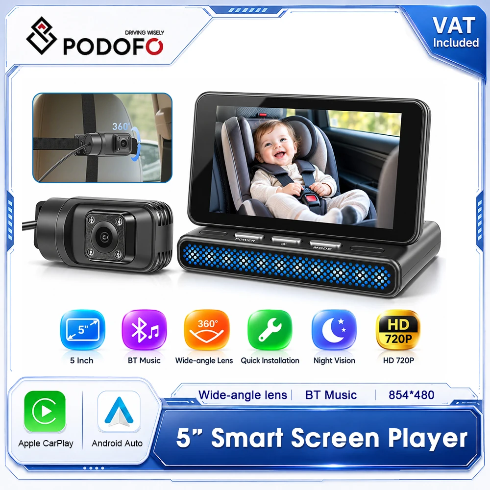 Podofo, schermo portatile da 5 pollici per auto, con CarPlay wireless e Android Auto, monitor per bambini, lettore multimediale, telecamera per il sedile posteriore, obiettivo grandangolare, schermo