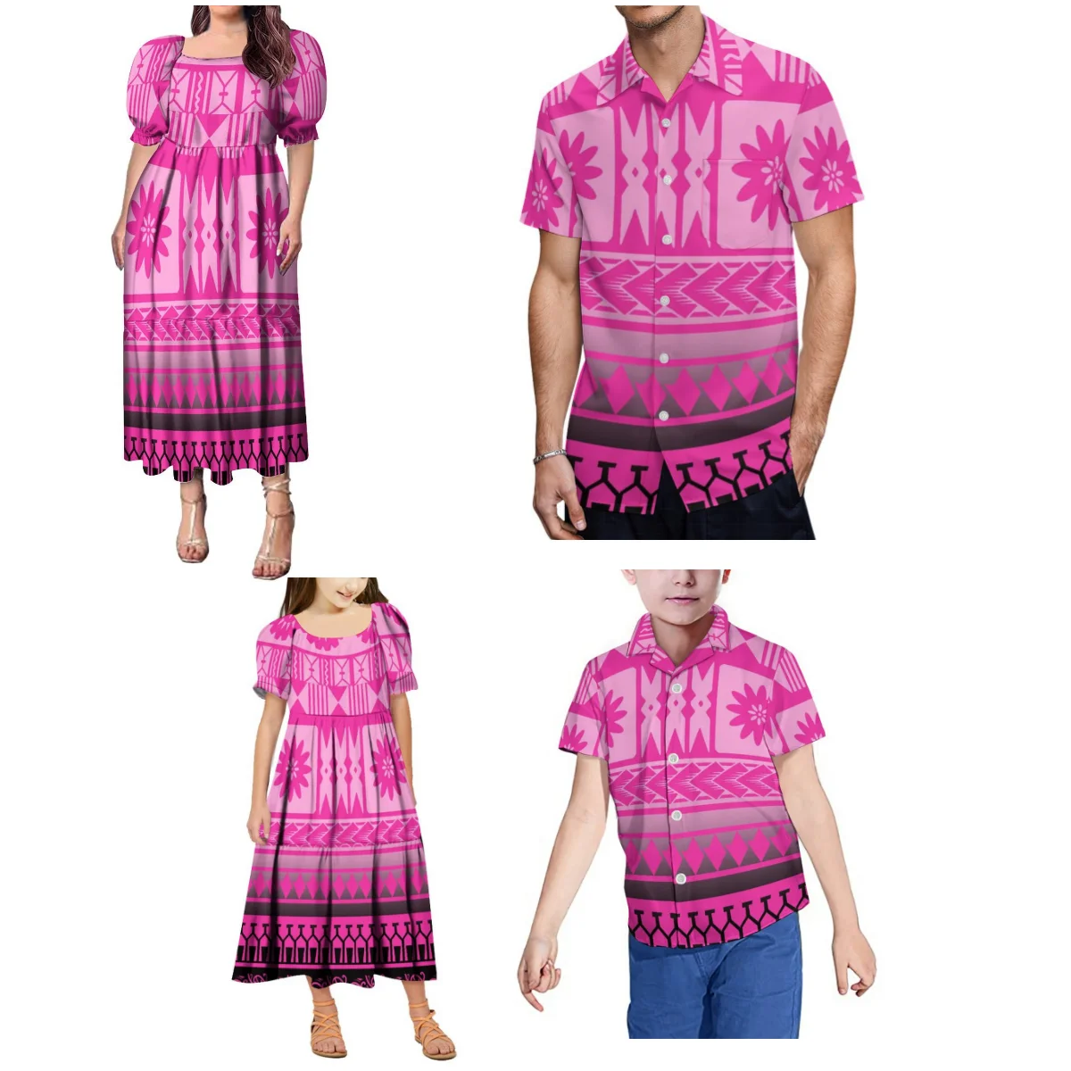 

Custom Samoan Family Clothing Polynesian Tribal Art Print Adult Children Four-Piece Set Women'S Puffed Sleeve Dress Men'S Shirt