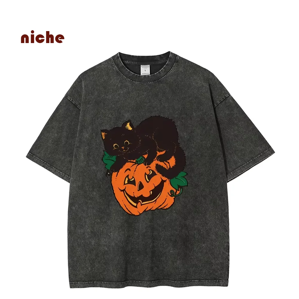 

Halloween Pumpkin Kitten Print T-Shirt Pure Cotton Round Neck Shoulder High Gram Weight Designer New Trendy Short Sleeves