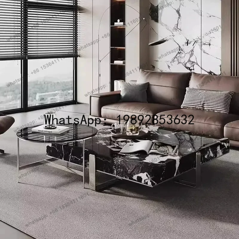 CC Italian Minimalist Square Coffee Table, Black White Stone Top, Heat-Resistant & Easy Clean, Sturdy Compact Designer Set