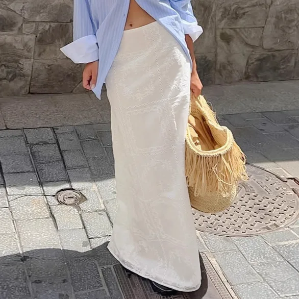 

Vacation Jacquard Autumn Women's Skirt White Mid Waist Straight Lady's Maxi Skirt Temperament Y2k Sweet Chic Skirt For Female