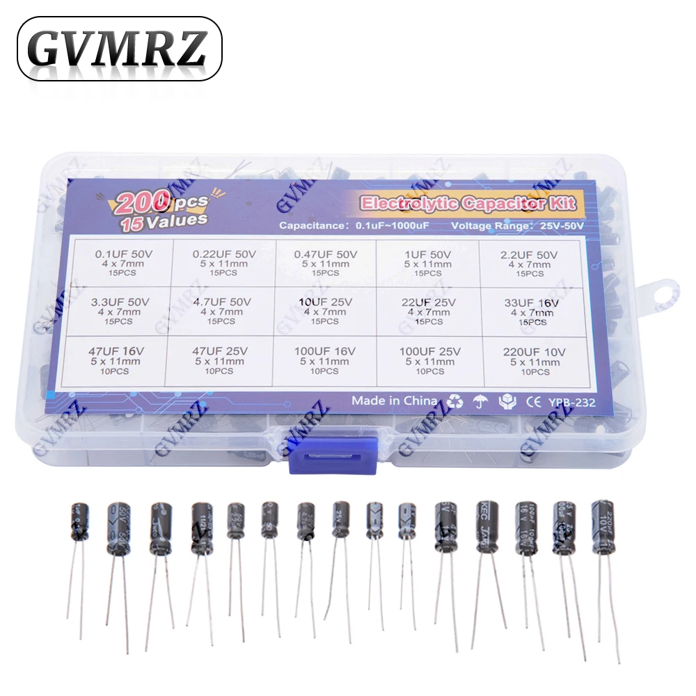15Values 200pcs Electrolytic Capacitor Organization Storage 0.1-220uF Capacitors Assortment Box Kit 0.1uF 20uF