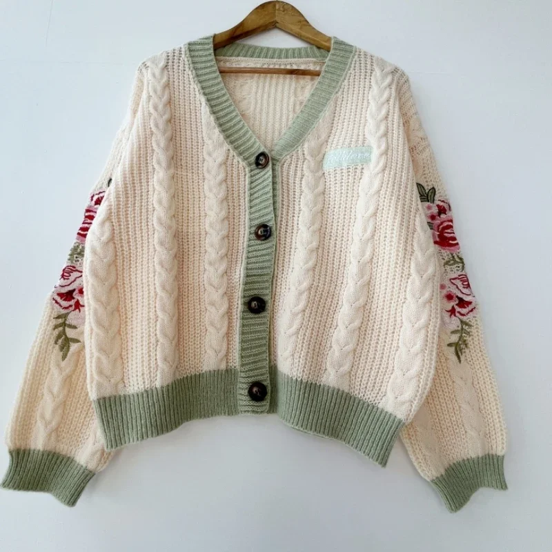 Cárdigan de punto con cuello en V para mujer, cárdigan cálido con bordado de flores, color Beige, verde, Otoño, 1989