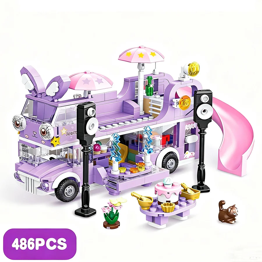 486PCS Girl Friends Double-Storey Star Rabit Bus Building Blocks Toys STEM Bricks Figures Flower Christmas Day Toys Girls