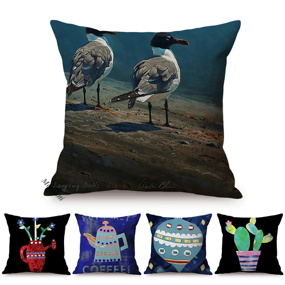 Nordic Hand-Painted Home Decor Sofa Throw Pillow Case Cactus Vase Parrot Cock Perfect Gift Cute Cartoon Decorative Cushion Cover