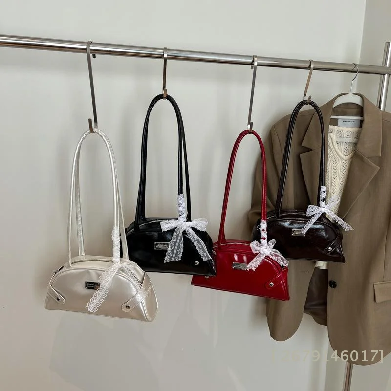 【YY26】Koreanische Mode-Umhängetasche, süße Spitzen-Schleifen-Unterarmtasche, Damen-Handtasche aus PU-Leder in schlichter, einfarbiger Ausführung, Geschenk für Frauen