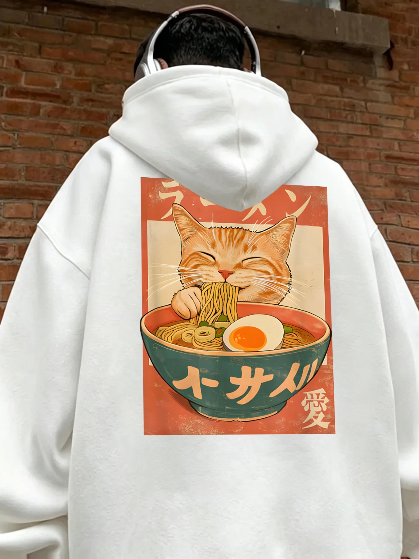 Eating Noodles Will Make Cats Happy Pattern Sport Hoodie Men Street All-Match Top Fleece Loose Sportswear Pocket Autumn Clothing