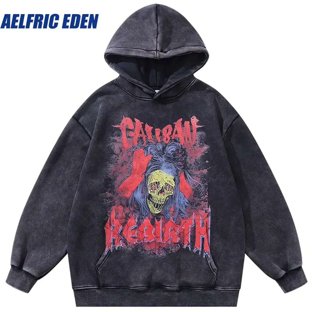 

Aelfric Eden Vintage 420GSM Black Hoodie Hip Hop Skull Skeleton Graphic Print Punk Hooded Sweatshirt Fashion Pullover Hoodies