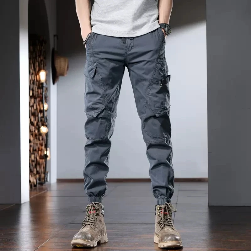 Tactical Cotton Men's Cargo Pants Streetwear Casual Multiple Pockets Gray Slim Fit Trousers