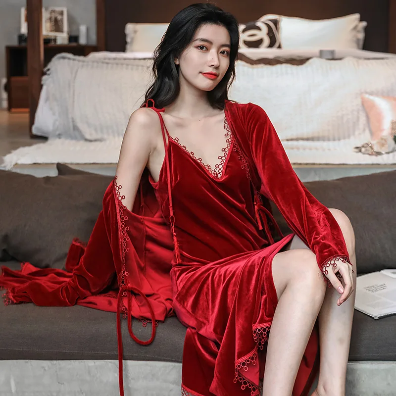 

Autumn Winter Velvet Women 2PCS Robe Set Nighthown Sexy Lace Trim Long Kimono Bathrobe Gown Sleepwear Loose Velour Home Dress