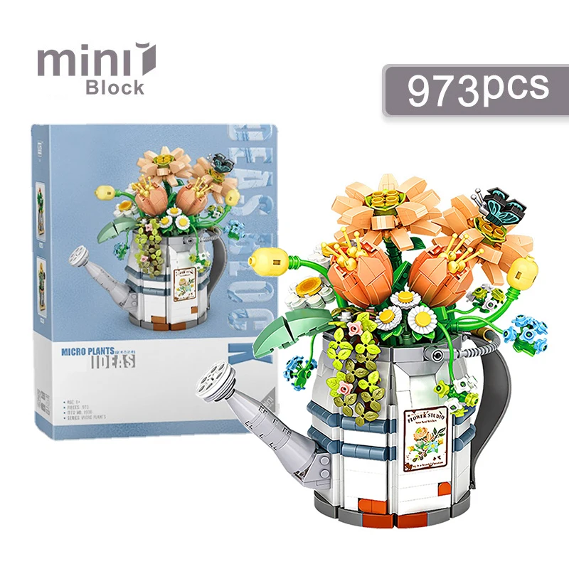 Creative Watering Can Potted Assembled Building Blocks Flower Plant Bonsai Bouquet 3d Model Decoration DIY Children\'s Toy Gift