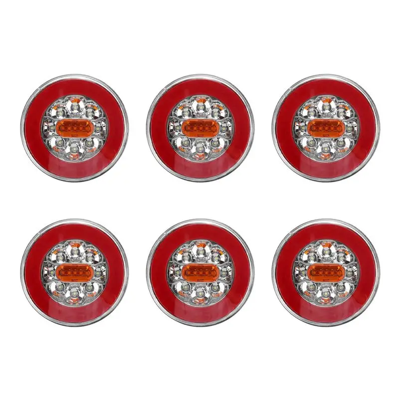 6X Round LED 4 In 1 Truck Tail Light 12-24V Dynamic Tail Turn Signal Reverse Rear Brake Stop Light For Trailer Lorry RV-N30R