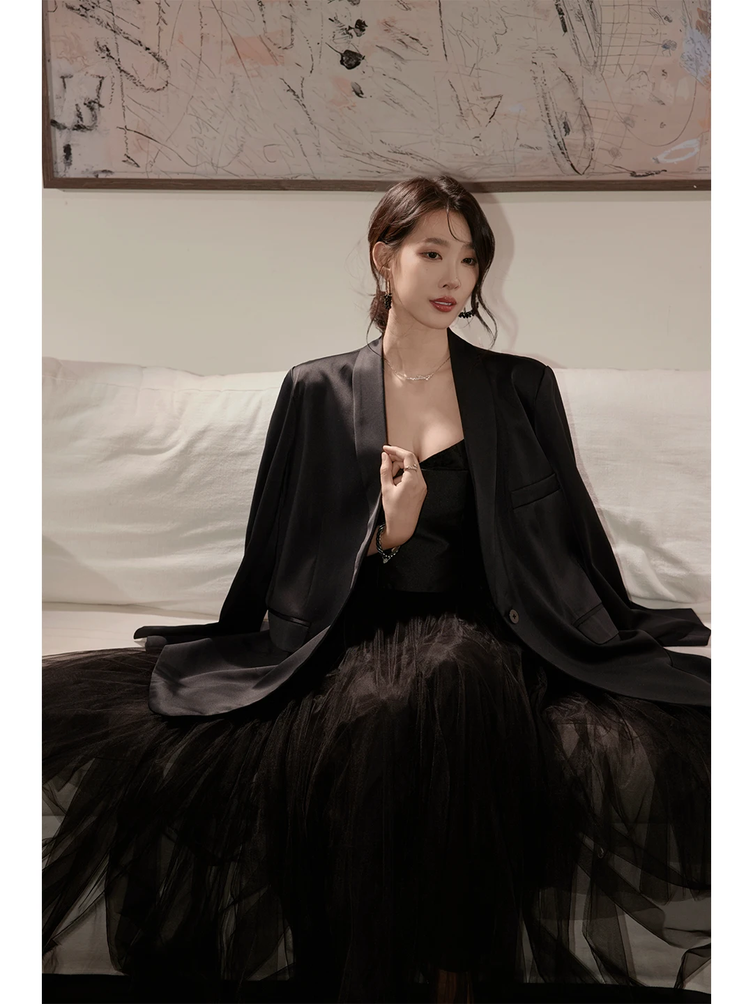 

Женский тонкий матовый костюм Ele Satin Fini из ацетата: пиджак с подплечниками и драпировкой, легкий, весенне-осенний, черный, малый размер