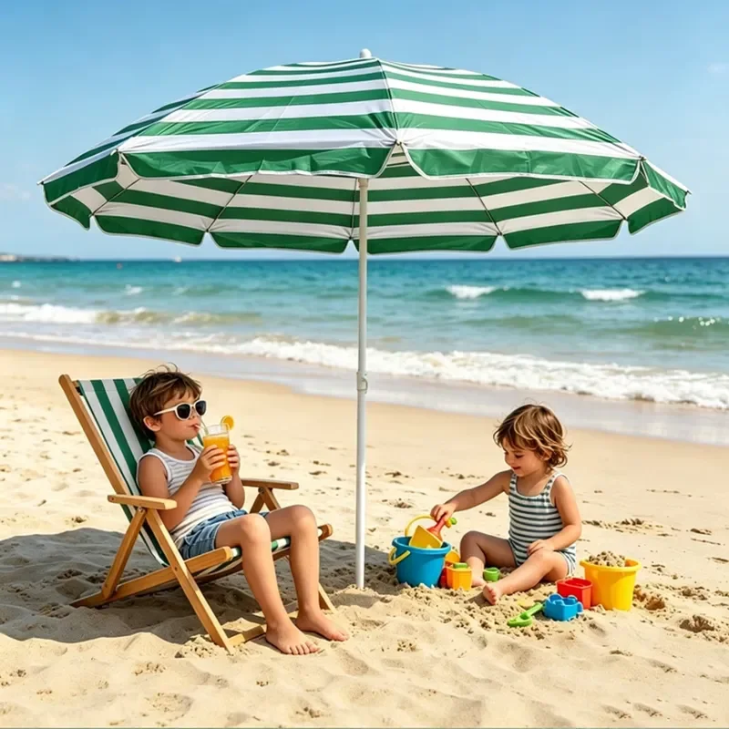 Striped beach umbrella, UV protection, push-button opening, carbon steel pole, floor studs, resort picnic beach outdoor