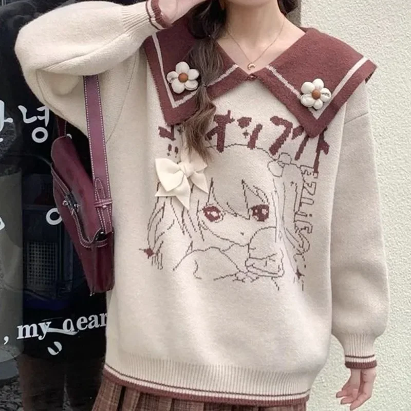 Maglione con colletto per bambola anime cartone animato giapponese femminile stile college allentato 2024 maglione pullover lavorato a maglia da strada autunno inverno Y2k Top