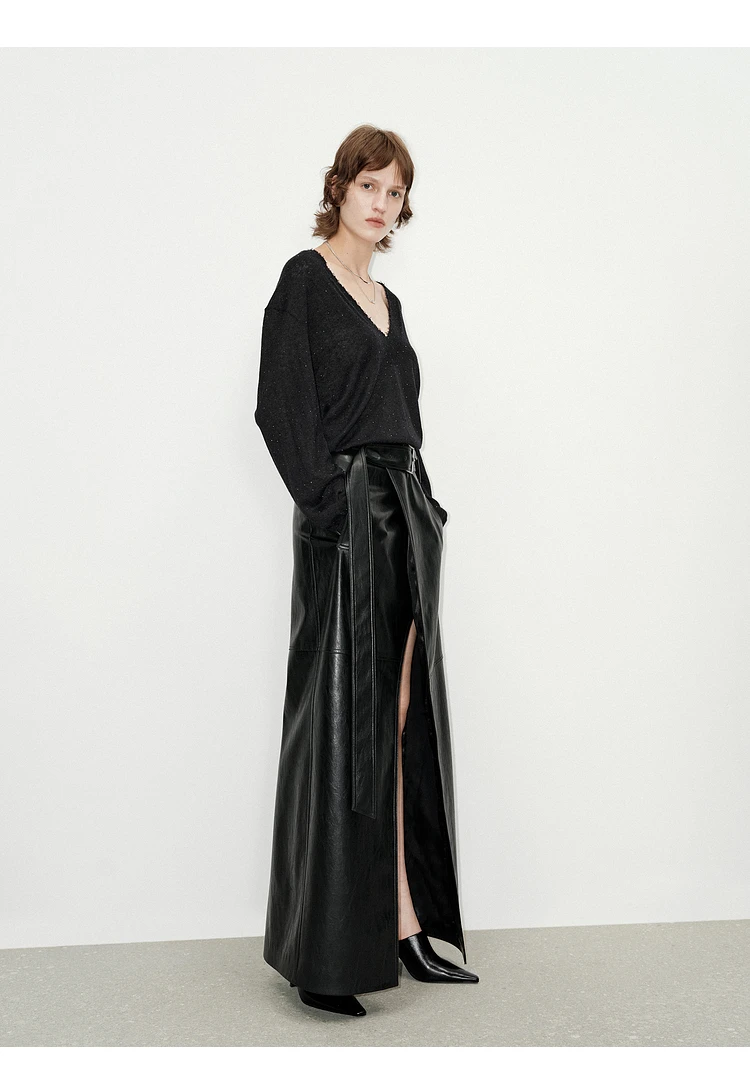 Lautaro Spring Autumn Shiny Black Soft Pu Leather Floor Length Skirt Women with Front Slit High Waist Extra Long Clothes 2025