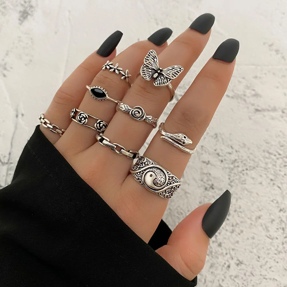 IPARAM Silver Color Vintage Metal Rings Set for Women Men Butterfly Flower Tai Chi Chains Gothic Ring Fashion Jewelry Gifts