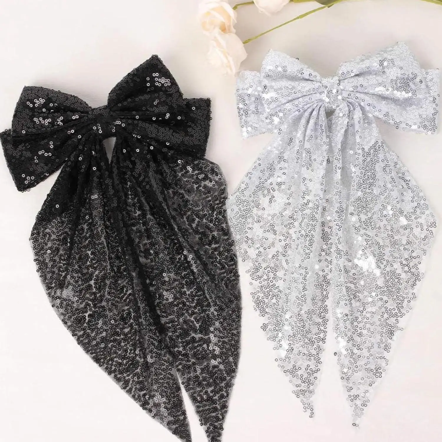 Women Bow Ribbon Hair Clip Sequined Elegant Solid Spring Clip Hair Pin Elegant Retro Headband Clips Girls Hair Accessories